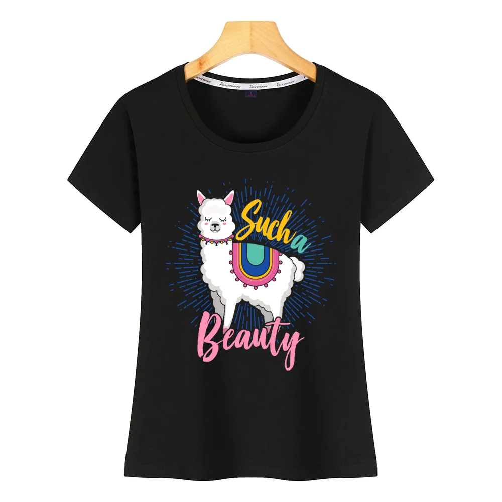 Топы футболка женская лама красота подарок базовый Черный Принт футболка| |