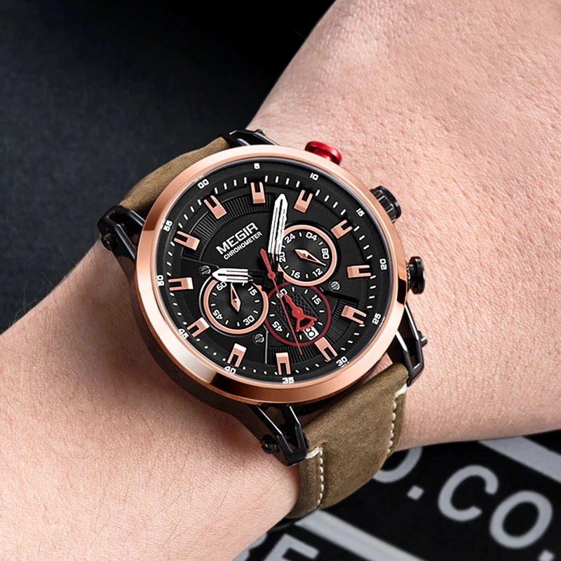 

Megir Leather Strap Leisure Quartz Watches for Men 24 Hours Chronograph 3atm Waterproof Army Sports Wristwatch Relogios 2085Rose