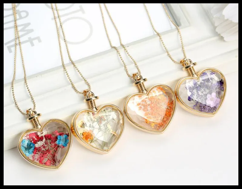 Dried Flower Real Dry Glass Charms Pendant Necklace Heart Locket Gold Chain For Women Jewelry Fashion | Украшения и аксессуары