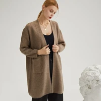autumn and winter new pure cashmere cardigan mid length pocket single size coat womens v neck loose commuter knit sweater top