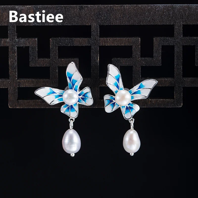 

Bastiee серьги-бабочки, жемчужные серьги-гвоздики, серебряные эмалированные ювелирные изделия hmong ручной работы
