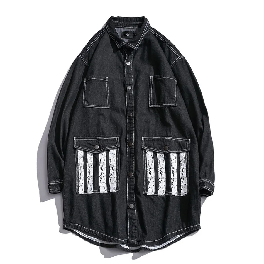 Винтажная черная джинсовая куртка мужская длинная Повседневная ветровка