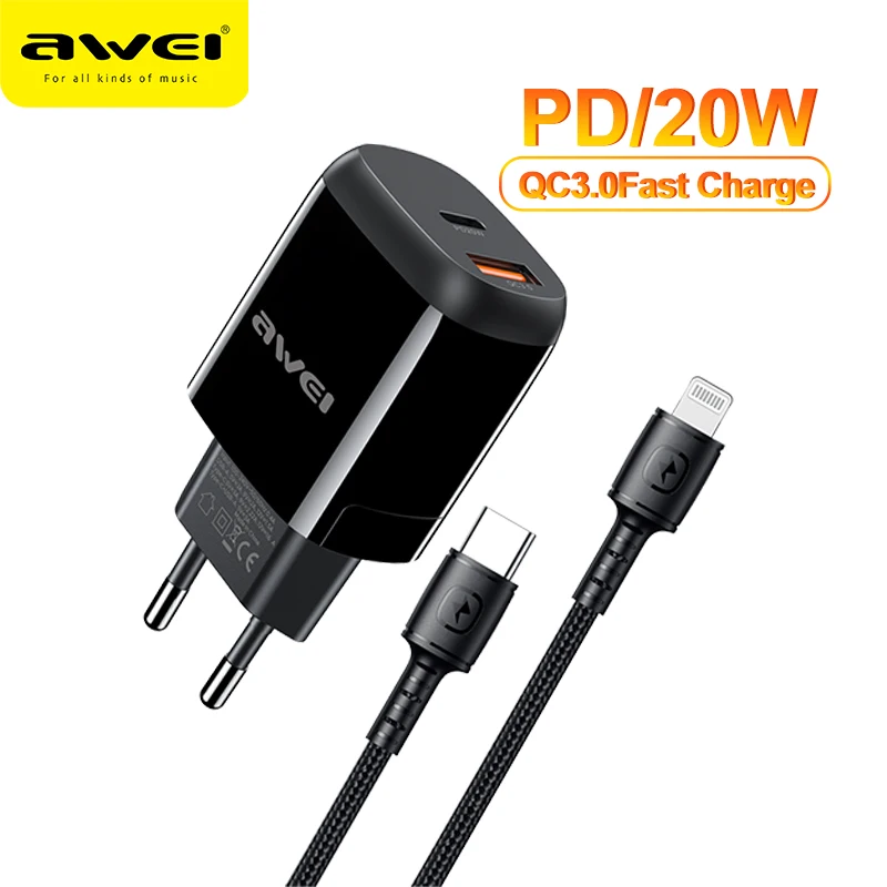 

AWEI PD2 PD 20 Вт быстрое зарядное устройство QC3.0 USB C двойной порт адаптер для быстрой зарядки с европейской вилкой с кабелем Type C на Lightning