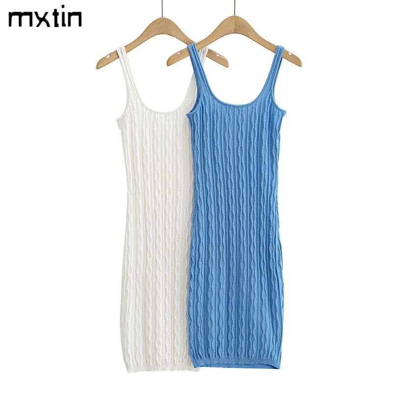 

MXTIN 2021 Women Summer Vintage Sexy Solid Knitted Mini Dress Fashion Slim Square Collar Sleeveless Female Party Dresses Mujer