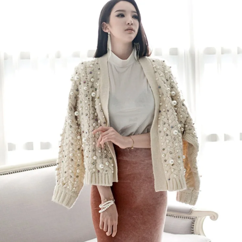 

Women's Knit Cardigan Handmade beaded sweater coat Spring Sweater Jacket Long Sleeve Knitted Coat Mujer chaqueta De Punto