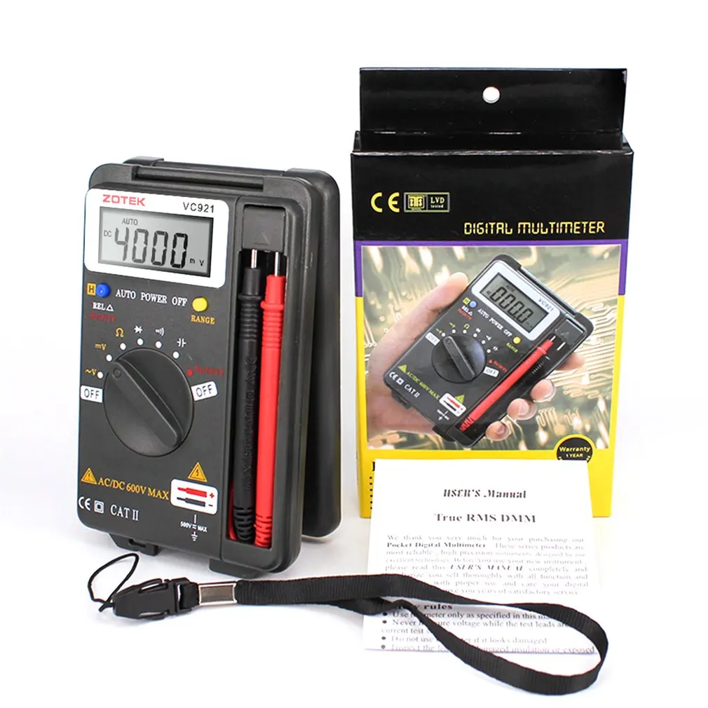 

ZOTEK VC921 Multimeter Pocket Tester Portable Digital Autoranging 4000 Counts AC DC Voltmeter Ohm Capacitance Meter Mini