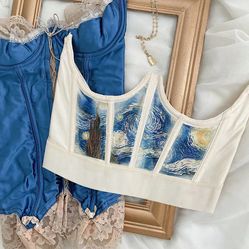 

2021 European Vintage Print Patchwork Fishbone Crown Corset Top Y2K Summer Women Sexy Wild Outer Corset Streetwears Paty Outfits