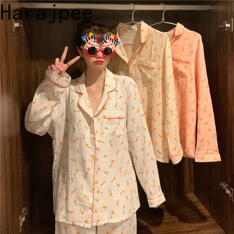 

Пижама в стиле харадзпи с цветочным принтом, корейская мода в стиле Instagram, Осень-зима, оранжевая Пижама с отложным воротником и длинным рукав...