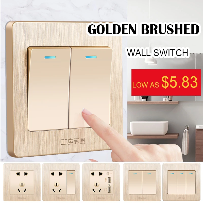 

Classic 86 Type Wall Light Switch, 1 2 3 4 Gang 1 2 3 Way 10A 250V Champagne Gold PC Panel Recessed Wall Rocker Switch