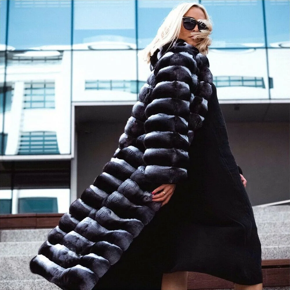 Fashion Long Rex Rabbit Fur Coats Women Natural High Quality Whole Skin Genuine Rex Rabbit Fur Coat with Lapel Collar Outwear