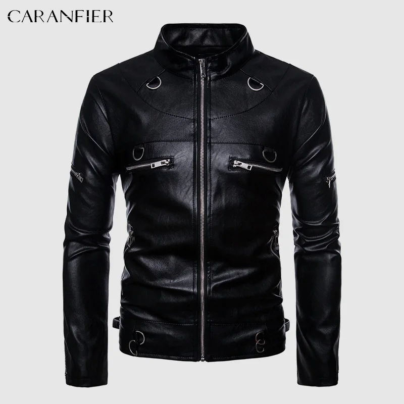 

CARANFIER Mens PU Leather Jackets Male MOTO Biker Coats Air Force Bomber Metal Ring Outerwear Handsome Punk chaquetas hombre