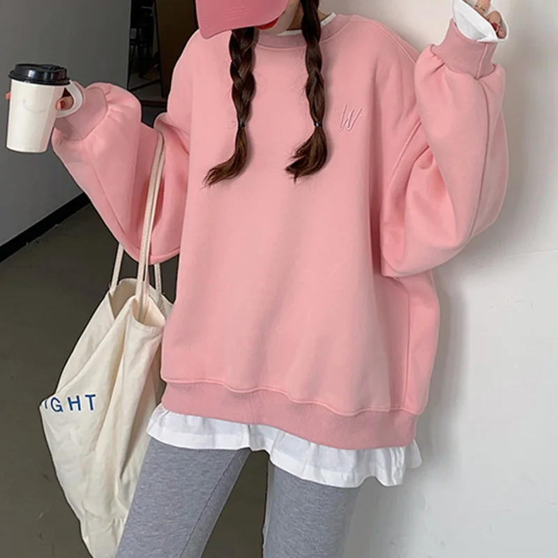 

Осенний корейский 2021 НОВЫЙ свободный модный многофункциональный розовый свитер с длинными рукавами и имитацией двух частей для студентов