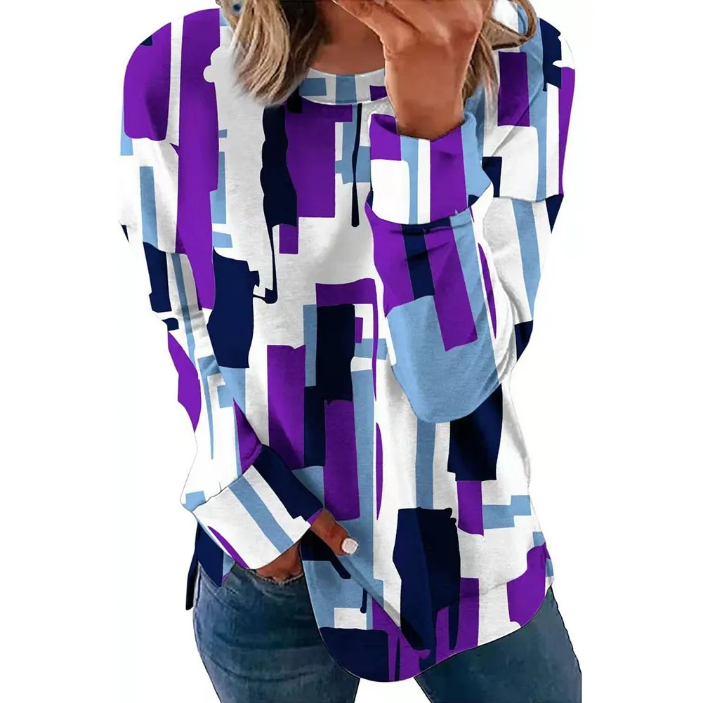 

Women Long Sleeve Crew Neck T Shirt Casual Graffiti Print Blouse Loose Tunic Top Autumn Pocket Single-breasted Long Sleeve