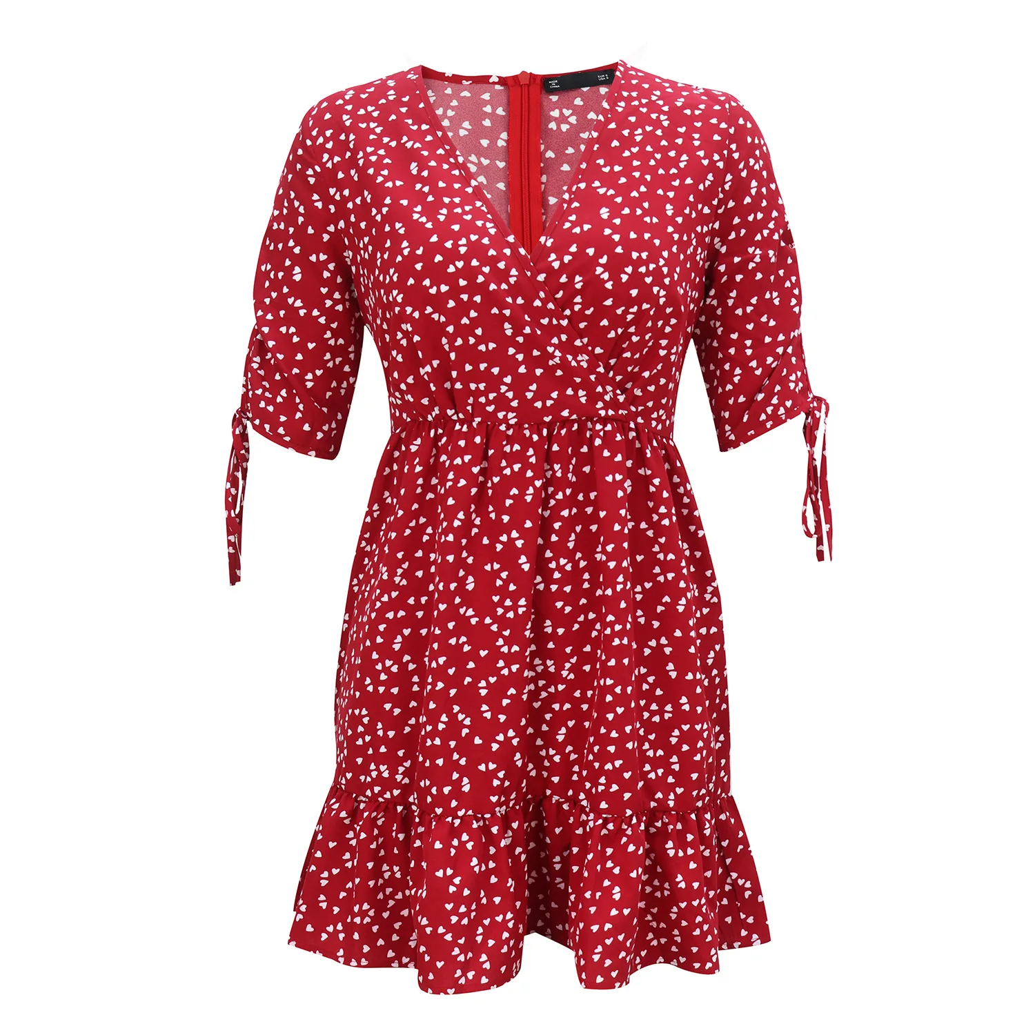 

Summer New V Neck Drawstring Half Sleeve A-line Casual Ruched Short Dress Heart Shaped Print Asymmetry Ruffles Party Dress Black