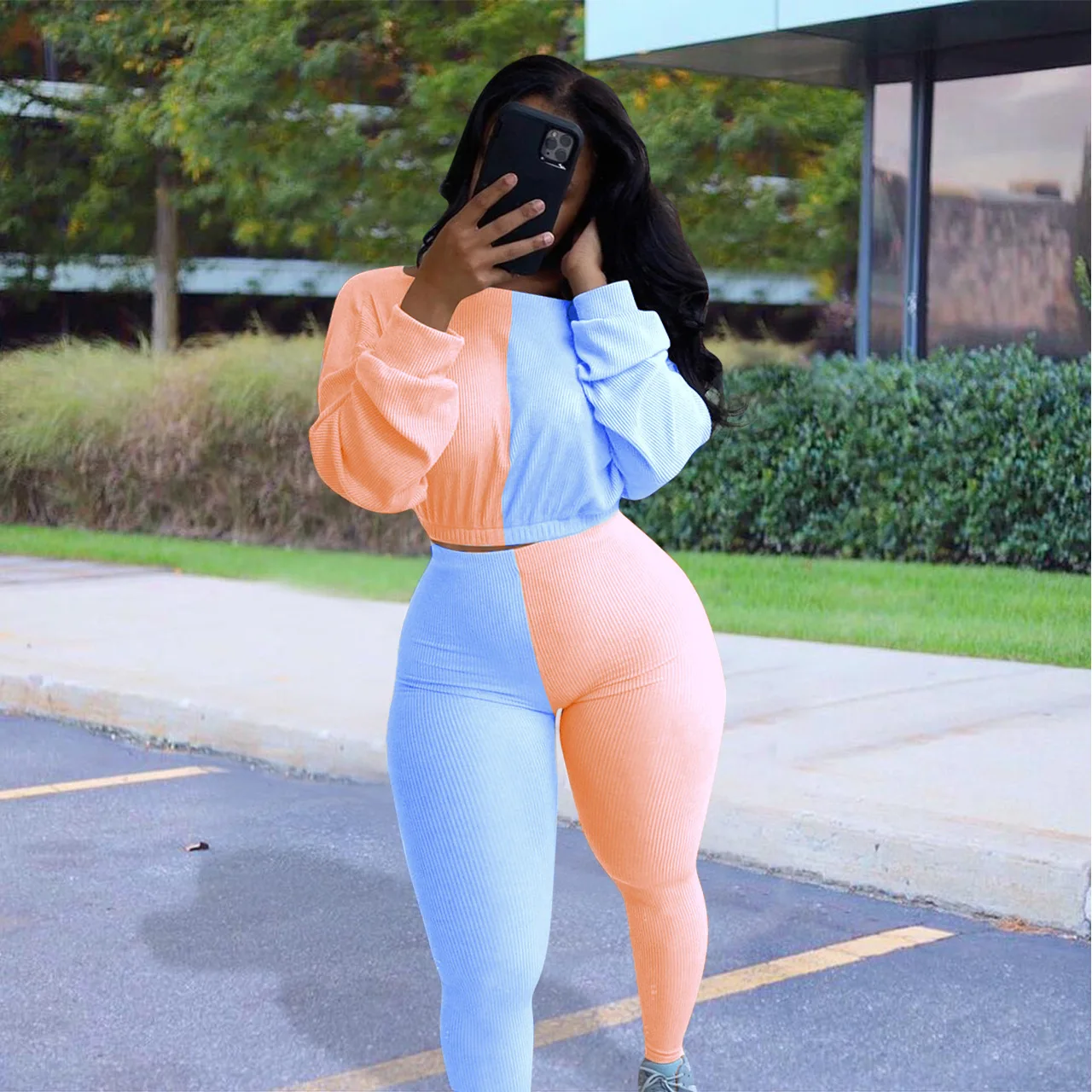 Осенний комплект из двух предметов Женский Повседневный костюм в рубчик с