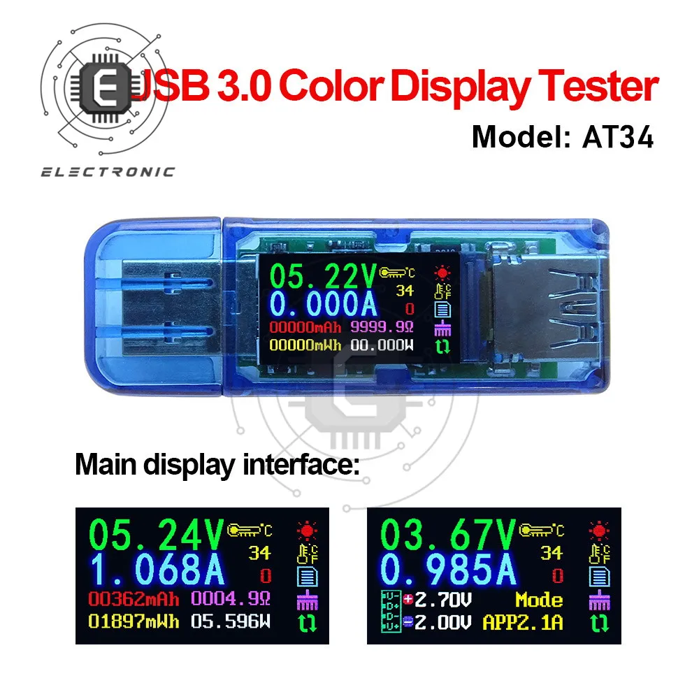 

Измеритель напряжения и тока AT34 с ЖК-дисплеем, USB 3,0