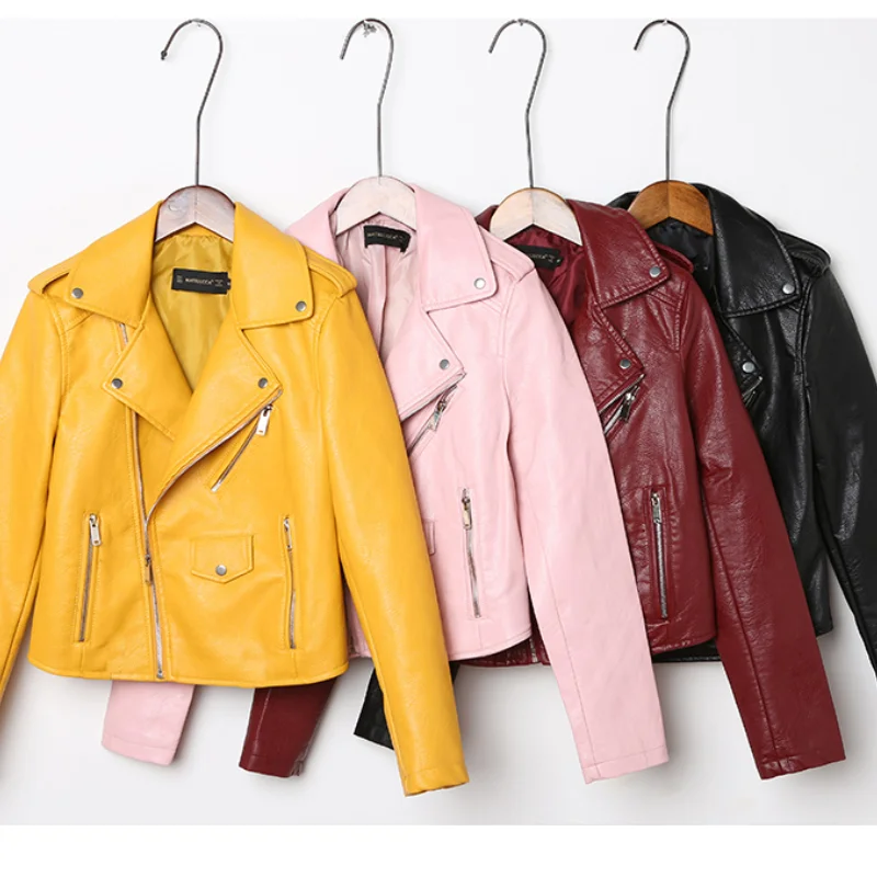 2021 New Arrival Black Moto Jacket Women's New Slim Washed PU Motorcycle Yellow Winered Bikers Pink Overcoat images - 6