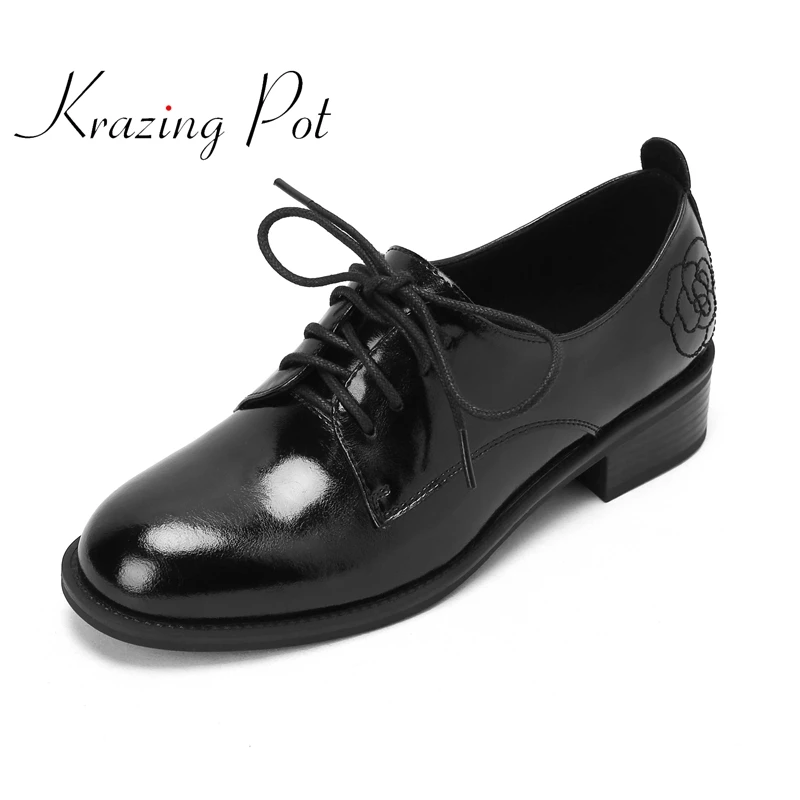 

krazing pot British style cow split leather round toe med heel retro fashion young lady daily wear cross-tied women pumps L05
