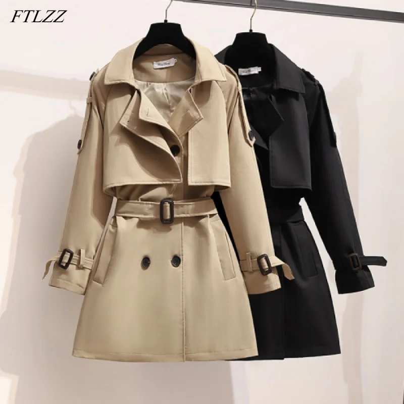 

FTLZZ New Spring Autumn Casual Women Turn-down Collar Slim Long Trench Elegant Double Breasted Khaki Black Trench Coat with Belt