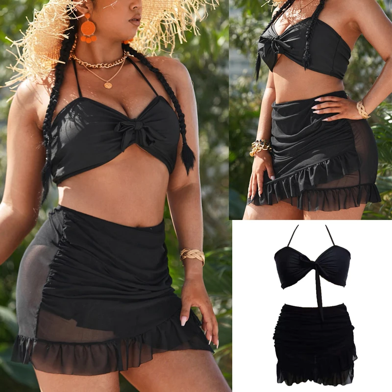 

2022 New Plus Size L-6XL Women Summer Black Bikini Set 2 Piece Swim Skirt Swimwear Bathing Swimsuit