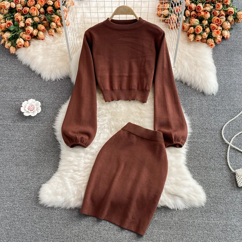 

Autumn Vintage Women Brown/Green Knitted Two Piece Set Casual O-Neck Puff Sleeve Short Sweater + Bodycon Mini Skirt Suit New