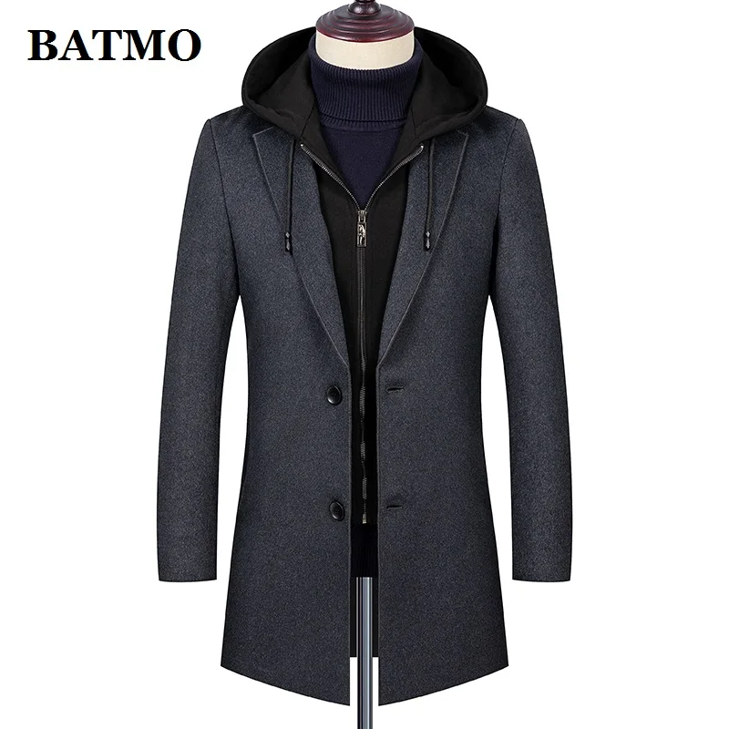 

BATMO 2019 new arrival 50% wool hooded trench coat men,men's winter wool long jackets,size M-4XL 1850