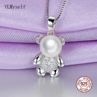 real 925 sterling silver pendant 4045cm chain 8mm pearl lovely bear cute animal fine jewelry gift for girl
