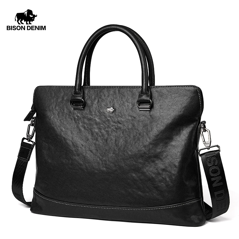 Bison Denim Genuine Leather Briefcases 14 inch laptop Bag Handbag Men's Business Office Crossbody Bag Messenger Shoulder Bags