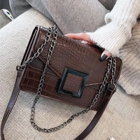 womens crocodile pattern retro shoulder bag with chain black green leather square handbag brown crossbody bags for women 2021