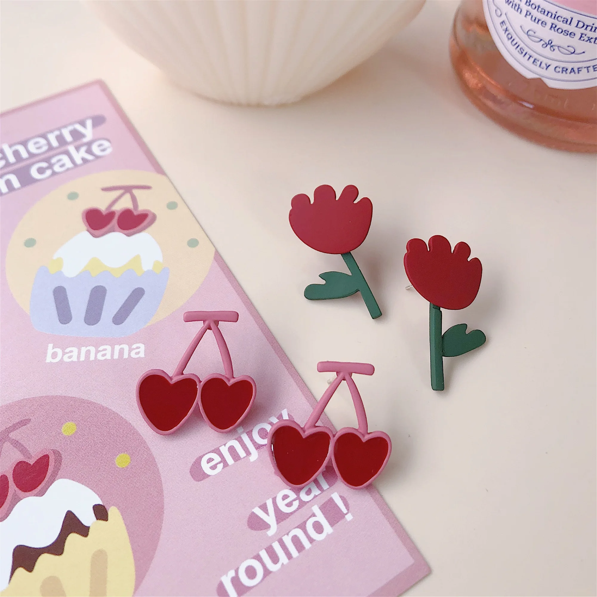 

Summer 2021 Red Series Sweet Girl Safflower And Cherries Earrings Lllustration Style Fruit Ear Studs Jewelry
