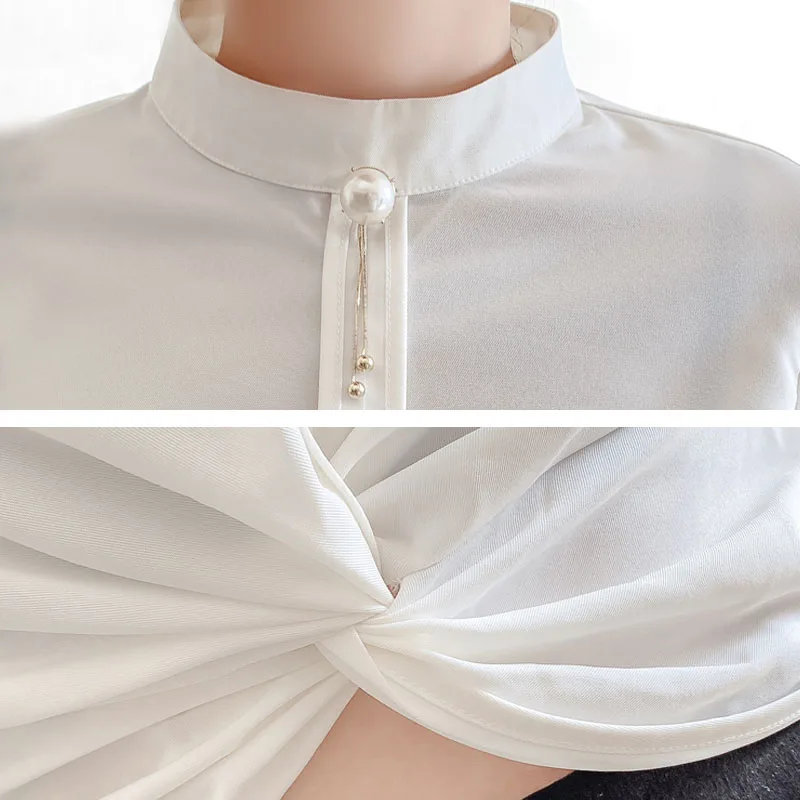 

Spring blouses women 2021 white long sleeve shirts for women tops beading chiffon blouse Solid Stand Puff Sleeve Sexy 7947 50