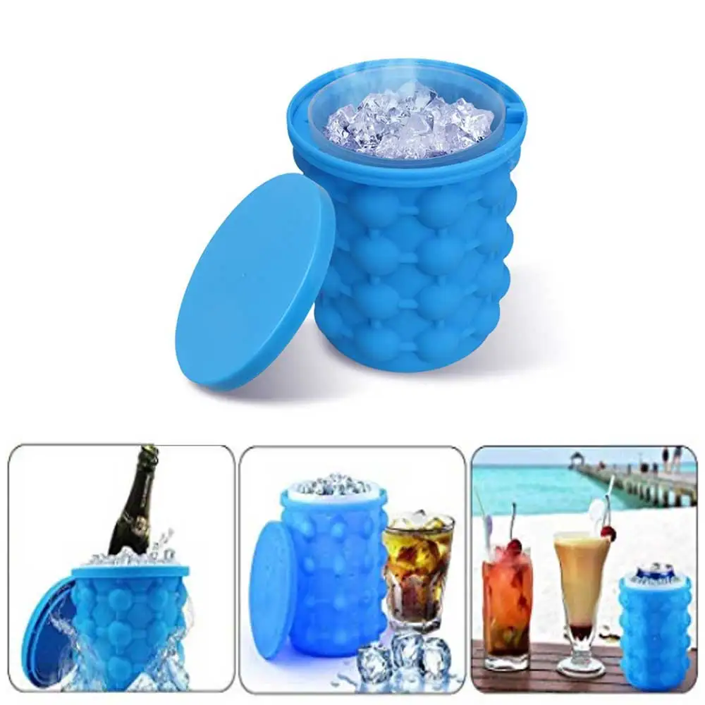 

2 In 1 Portable Ice Cube Trays Molds Large Silicone Ice Bucket with Lid for Outdoor Camping Beach Picnic Kitchen Party Barware