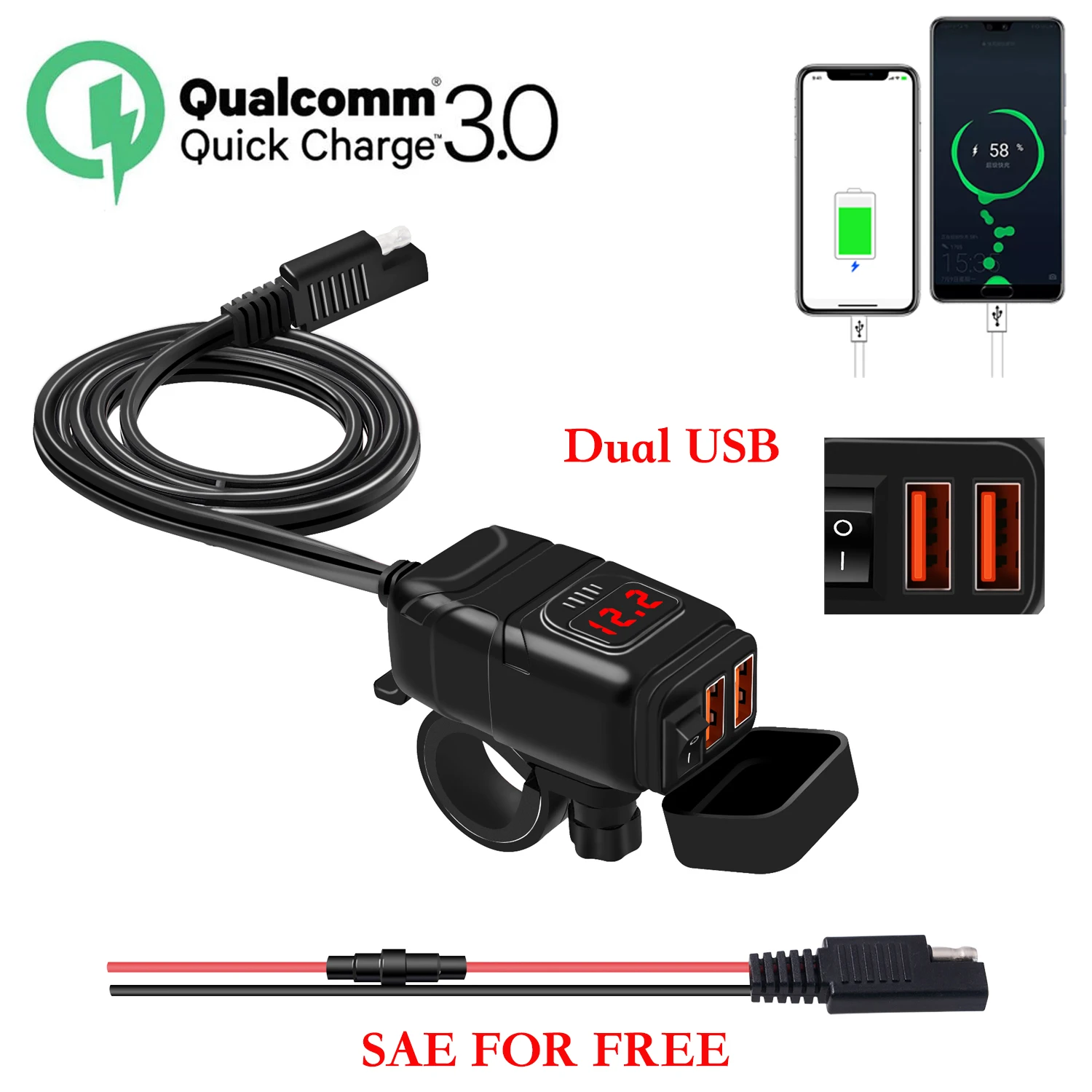 

12 В мотоциклетное водонепроницаемое быстрое зарядное устройство с двумя USB QC3.0 с переходником SAE Цифровой вольтметр Быстрая зарядка встроен...