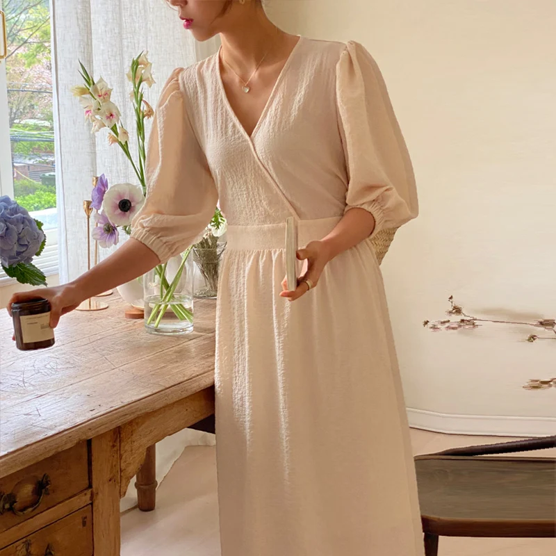 

Summer Women's Vintage Dress Solid Color Casual Loose V-Neck Half Sleeve Mixi Dress 2021 Female Vestidos