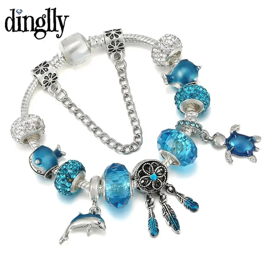 

DINGLLY Turtle Dolphin Charm Bracelets For Women Men Original Blue Dreamcatcher Pendant Narwhal Crystal Beads Bracelet Jewelry