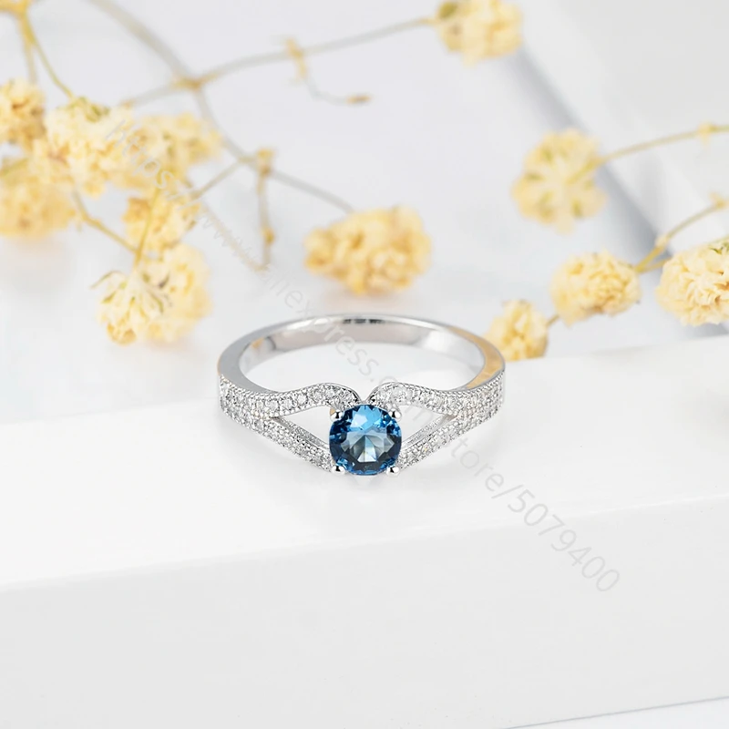 

Round Sapphires CZ ring white gold plated blue Rhinestone Gems-stone halo ring handmade Gypsy Boho Engagement Jewelry Women