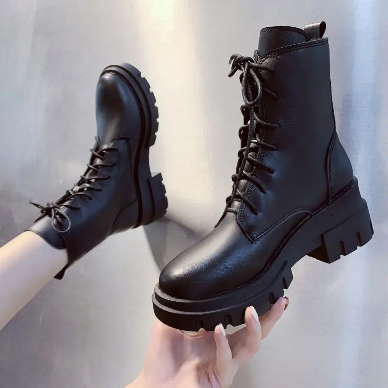 

Черные ботинки на платформе, Женские зимние кожаные ботинки, ботильоны на шнуровке, мотоциклетные ботинки на платформе и толстом каблуке, н...