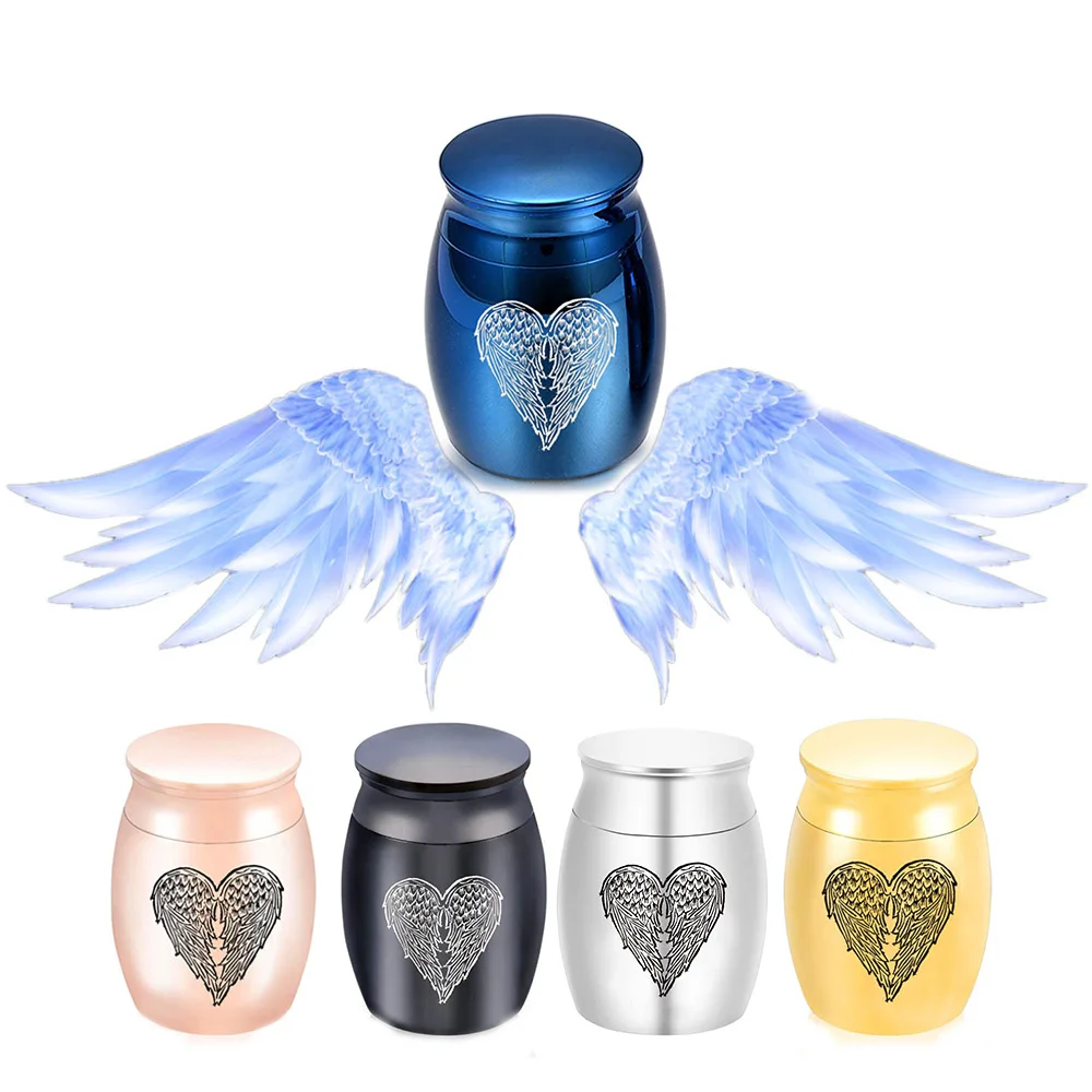 

Stainless Steel 5 Colors Angel Wings Charm Small Ashes Urn Screw cap seal can be opened Ash Box 30x40mm