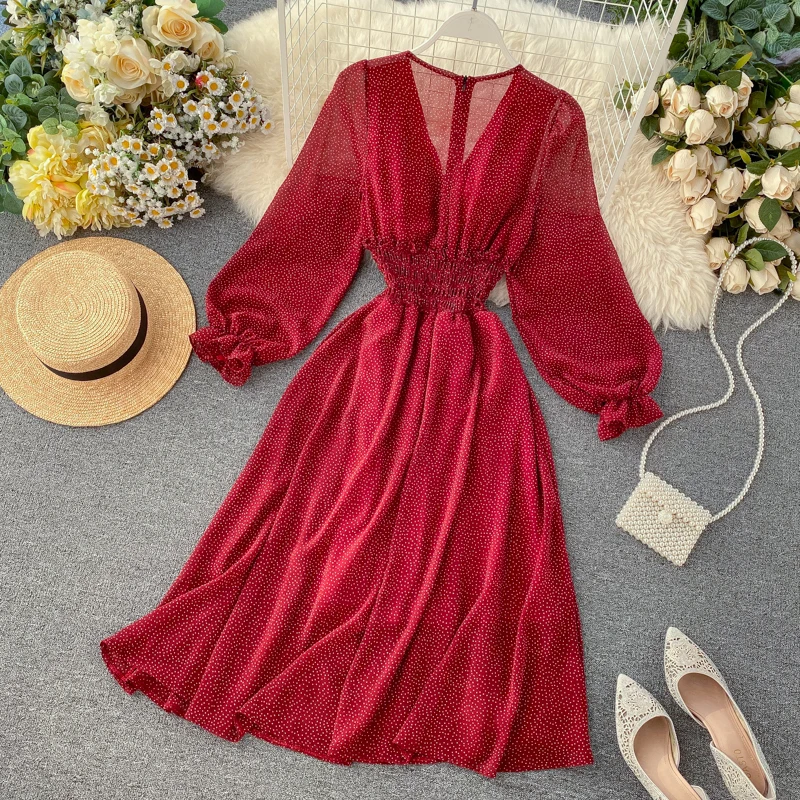 

Summer Women's Dress Polka Dot Sexy V-neck Puff Sleeve Long Sleeve Dress Skirt Waist Waist Thin Chiffon Dresses LL043