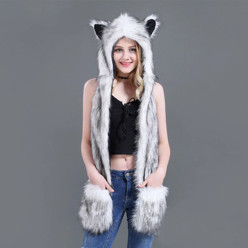 

10 Styles Faux Fur Hood Animal Hat Ear Flaps Hand Pockets 3 in1 Animal Hat Wolf Plush Warm Earmuff Animal Cap with Scarf Gloves