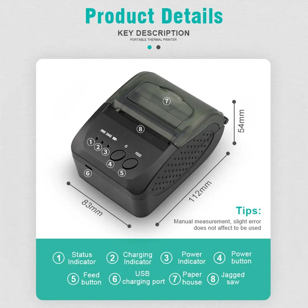 

Wireless Bluetooth Receipt Thermal Printer Portable POS Printer for Restaurant Sales Retail 58MM