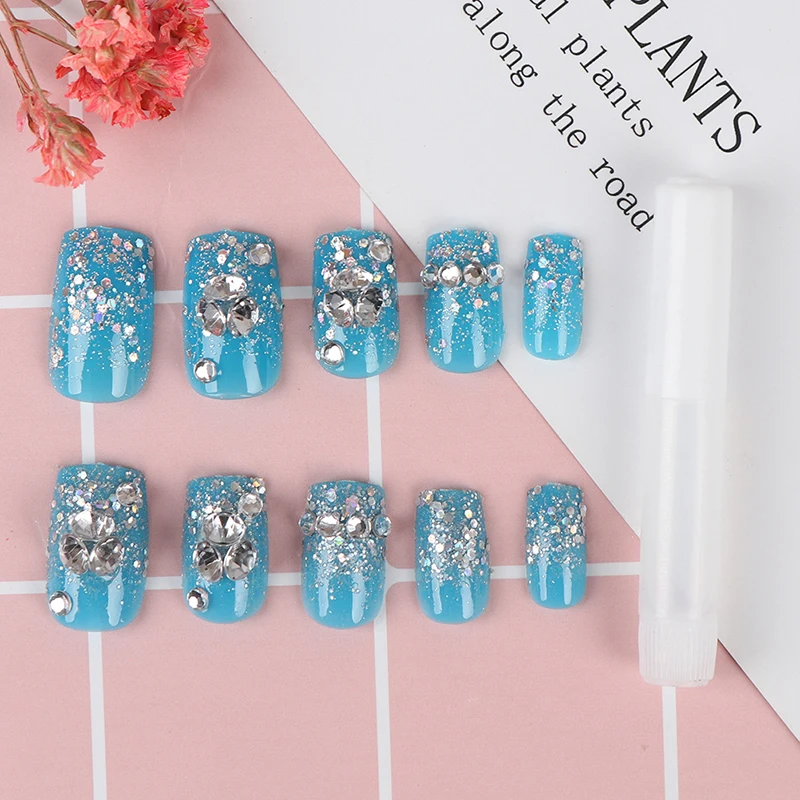Женские короткие полностью покрывающие блестящие синие 3D накладные ногти для