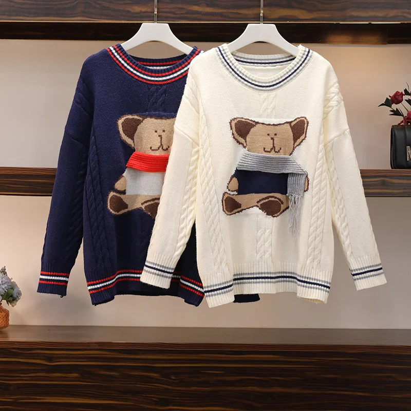 

Female Bear Sweater Autumn Winter Loose Style Outer Wear Jacket College Wind Hedging Thick Knitted Long-Sleeve Oversized Sweater
