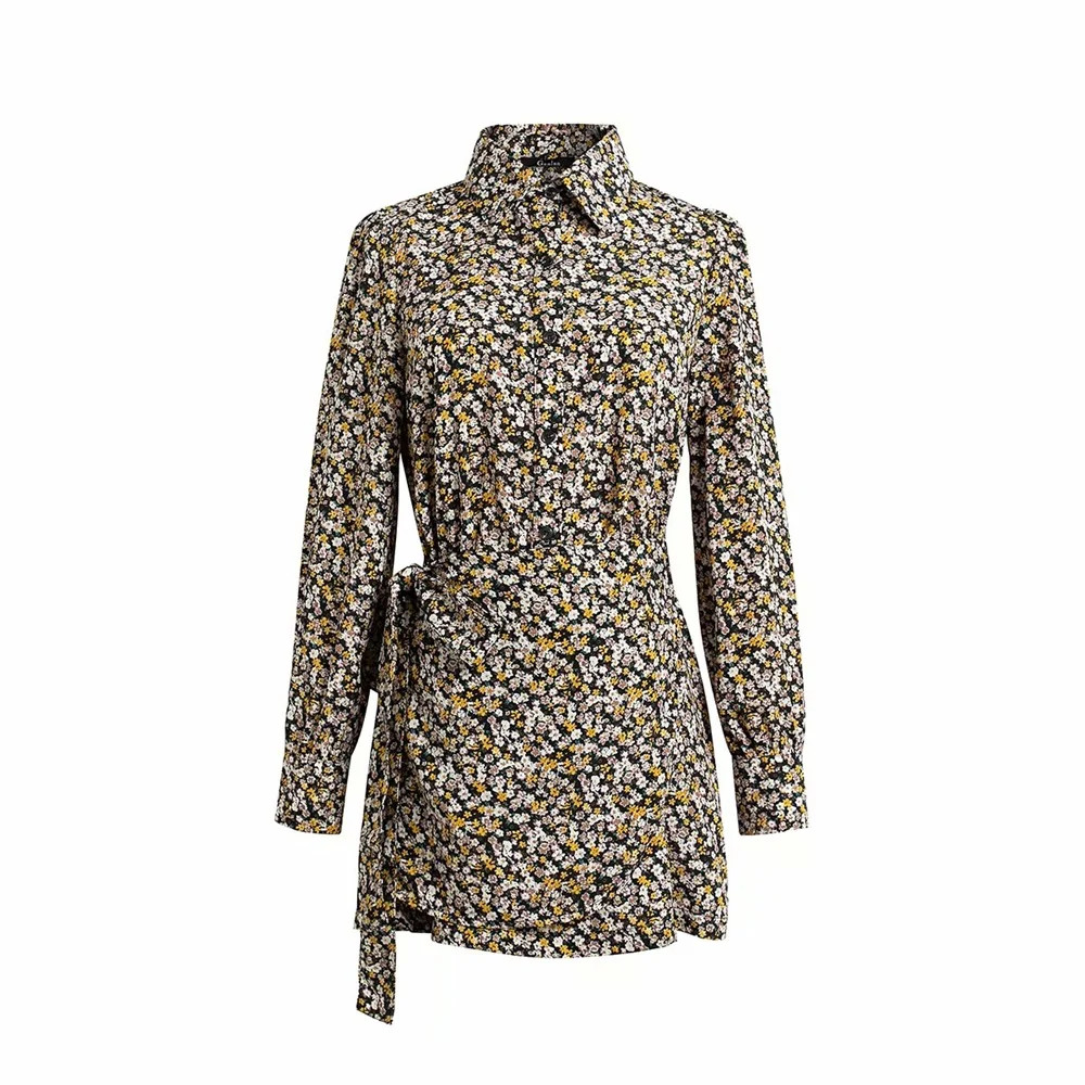 Женское Короткое платье-рубашка с цветочным принтом свободное тонкое в стиле