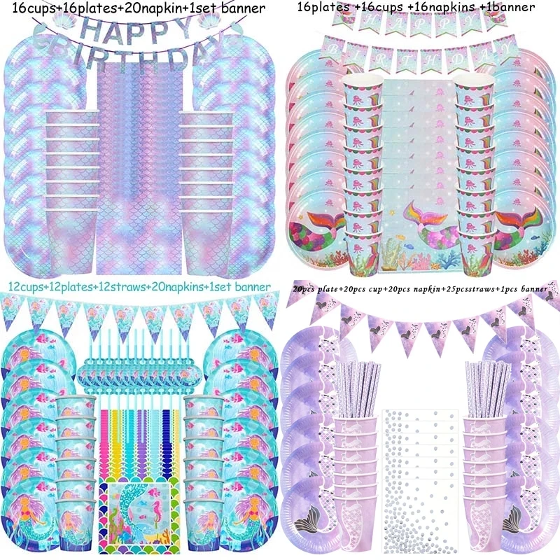 

Mermaid Birthday Party Tableware Set Little Mermaid Party Supplies plates Cups Napkin Mermaid Birthday Parties Favor Baby Shower