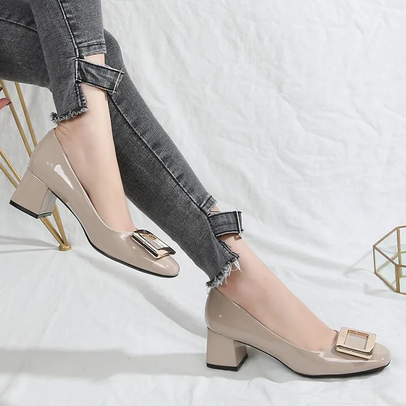 Женские туфли на высоком каблуке 5 см вечерние металлической квадратной пряжкой