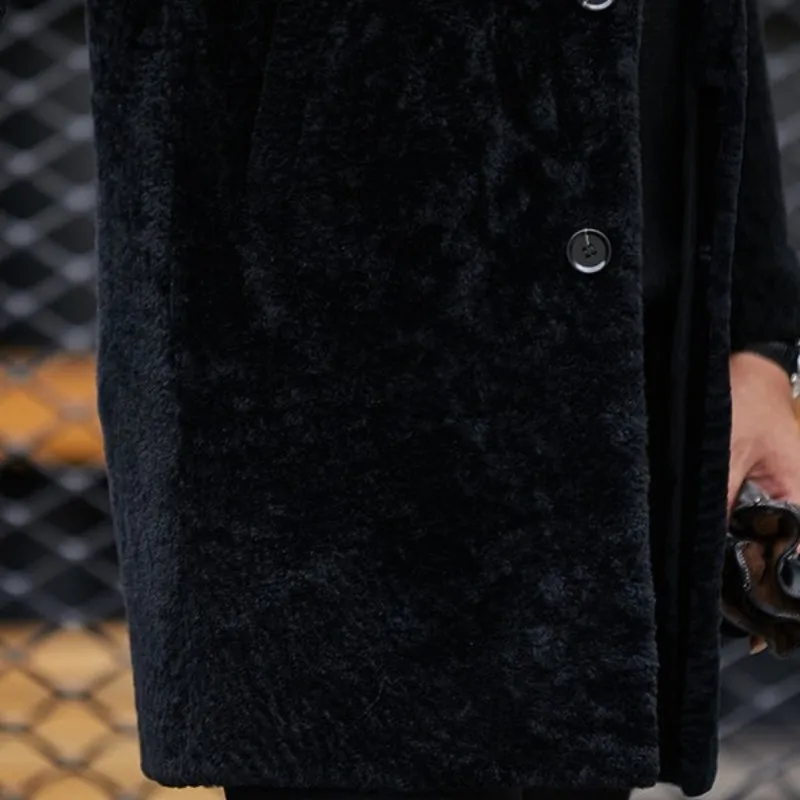 

Men Business Shearling Coat Winter Warm Brand Lapel Slim Real Fur Long Overcoat Black Casual Luxury Fur Outerwear Plus Size 4XL