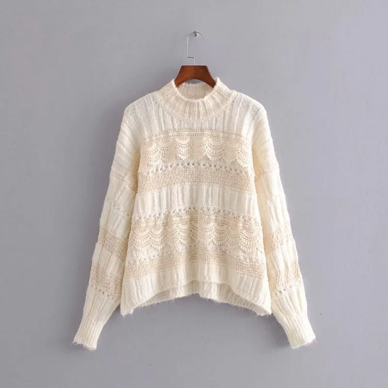 Повседневные Лоскутные кружевные открытые женские свитера с круглым вырезом