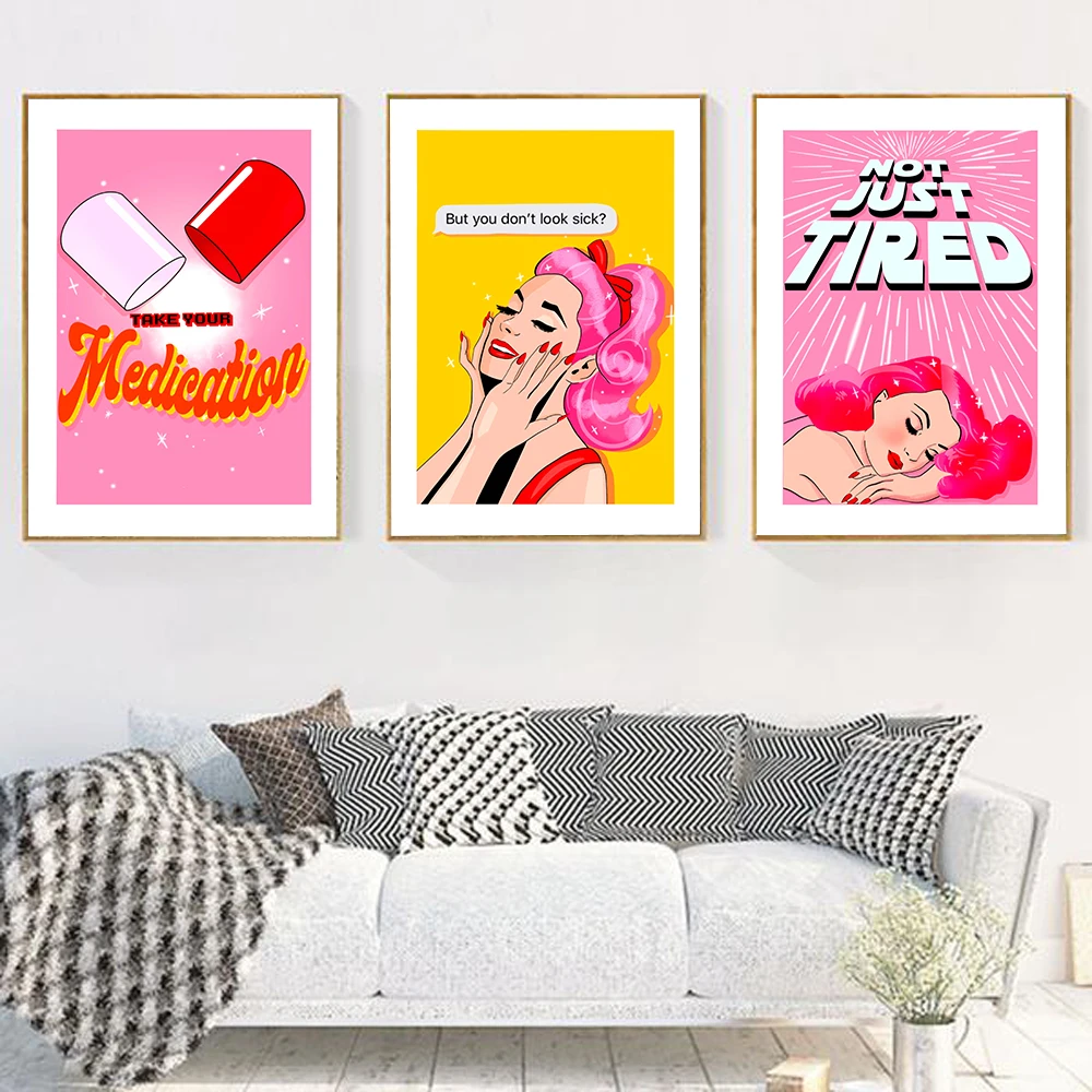 

Nordic Pink Style Chronic Illness Art Prints Picture Abstract Pill Tired Canvas Painting Wall Posters Cartoon Room Home Decor