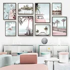 Настенная картина с изображением розового фламинго, зеленой пальмы, моря, пляжа, скандинавские плакаты и принты для гостиной, декоративные настенные картины